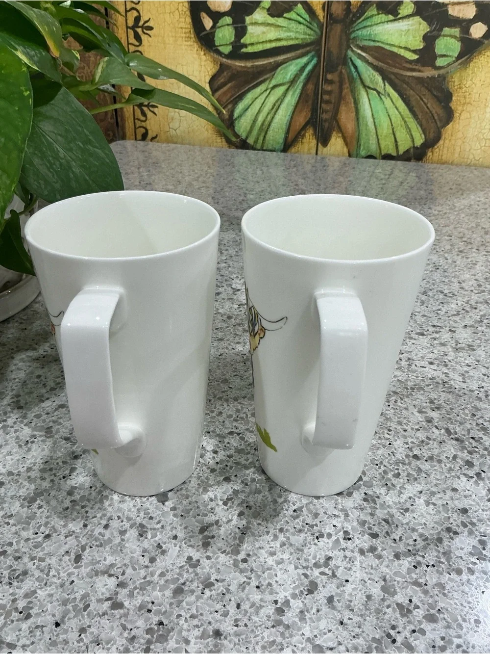 White Ceramic Coffee Mugs with Floral Accent - Set of 2